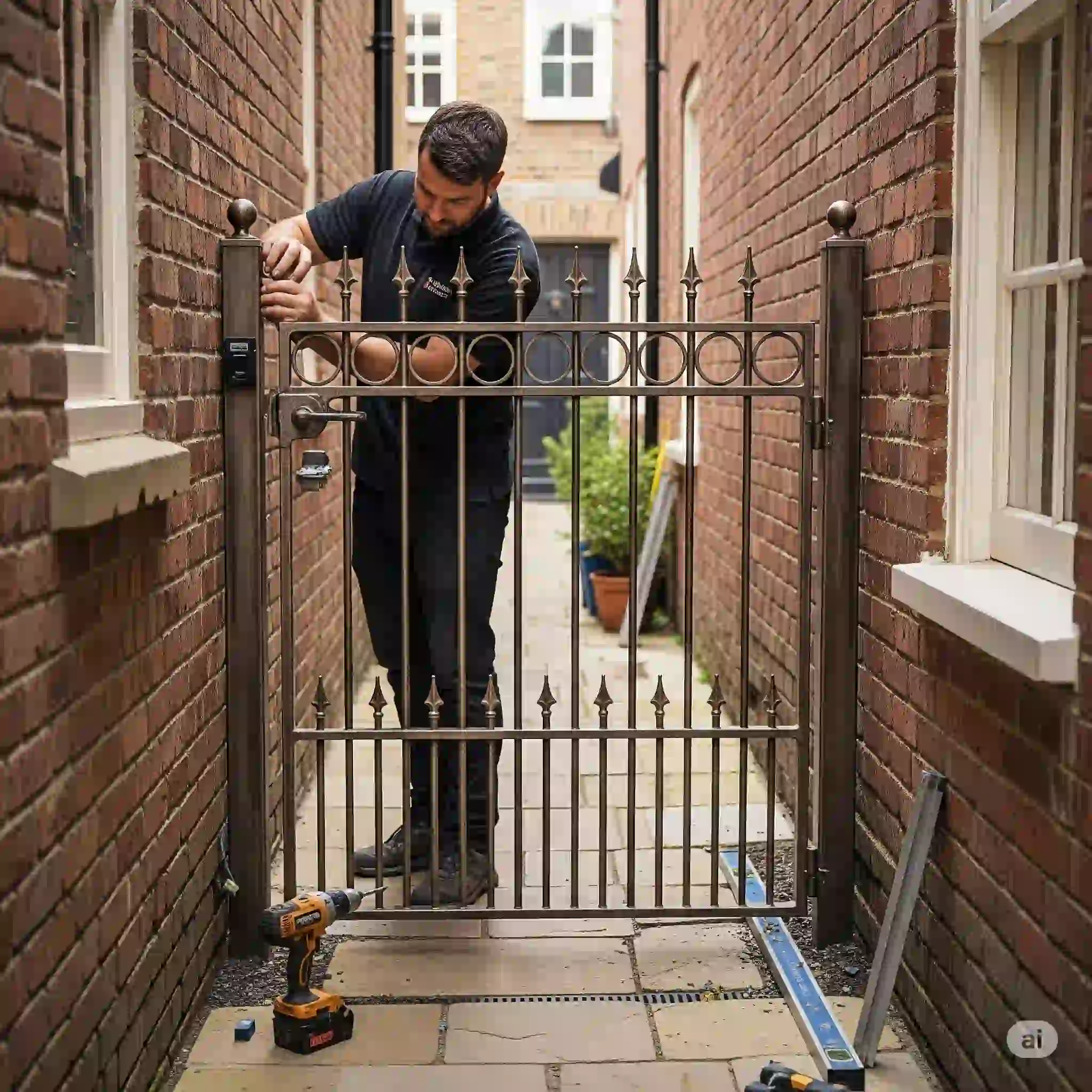 A bespoke black wrought iron driveway gate being installed in a London alleyway.